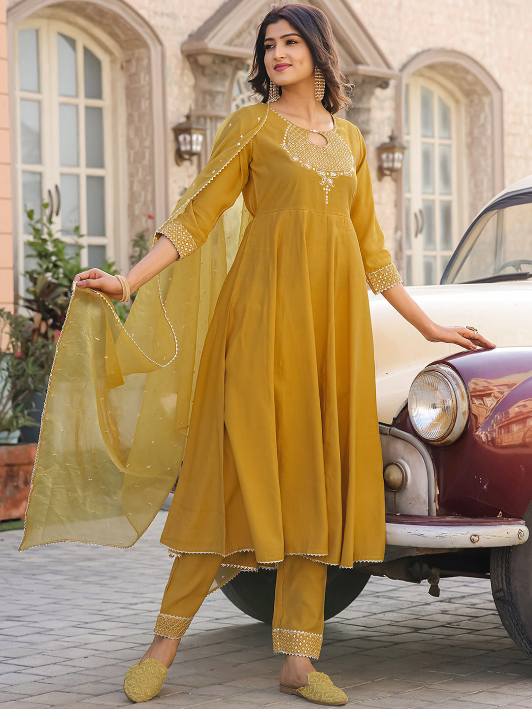 

Roly Poly Embroidered Regular Mirror Work Kurta with Trousers & With Dupatta, Mustard