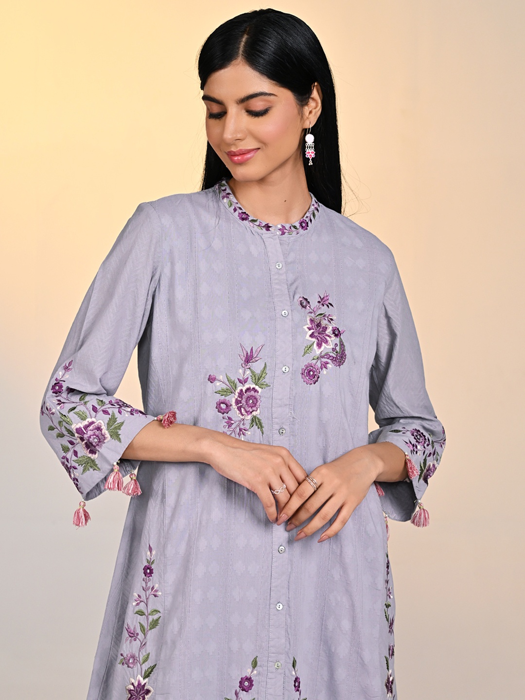 

Lakshita Embroidered Shirt Collar Cotton Tunic, Lavender