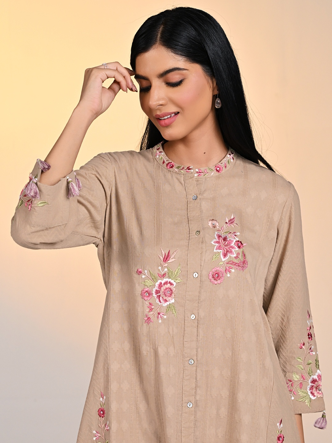 

Lakshita Embroidered Shirt Collar Cotton Tunic, Pink