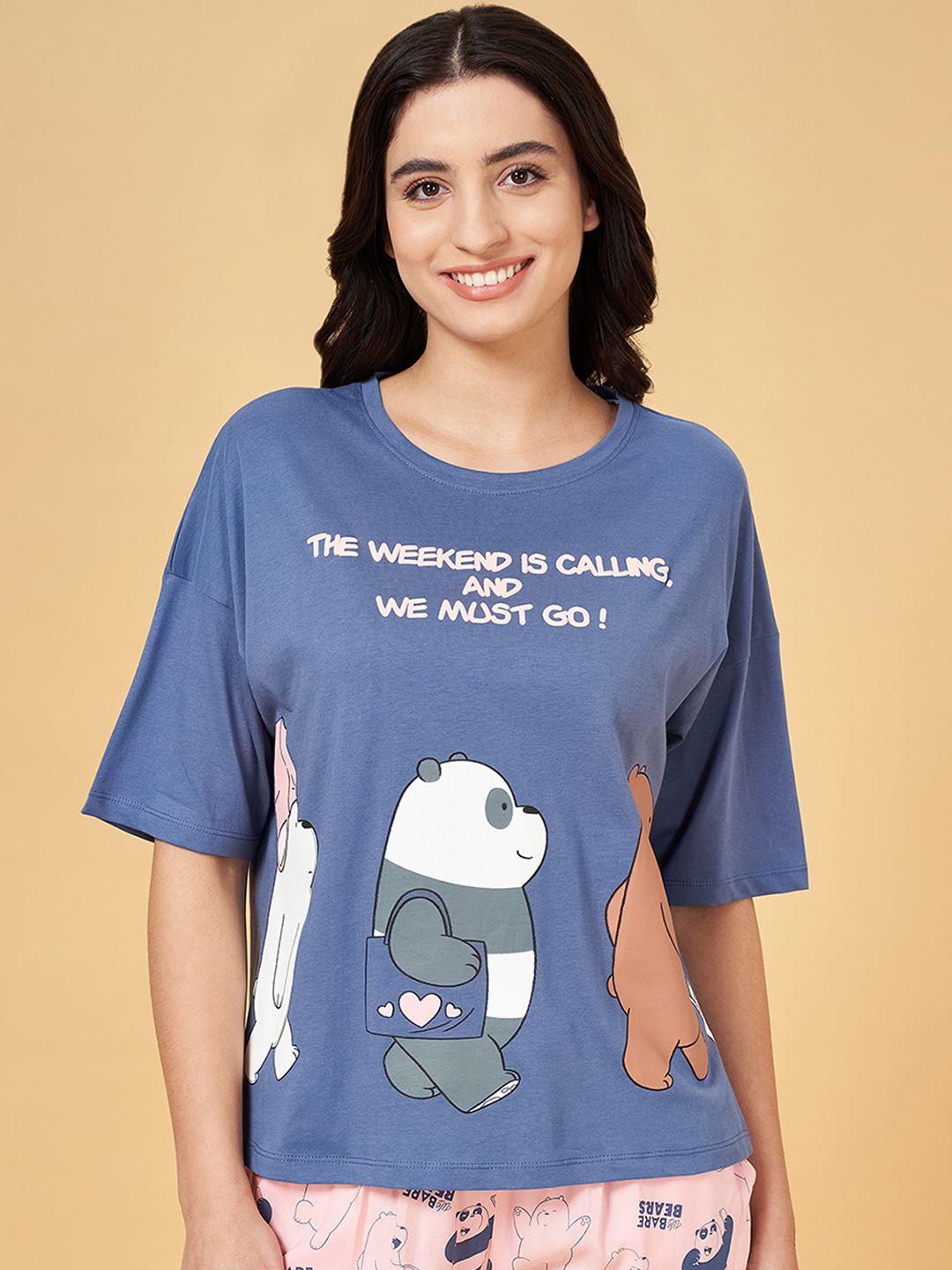 

Dreamz by Pantaloons Printed Pure Cotton Drop-Shoulder Lounge T-shirt, Blue