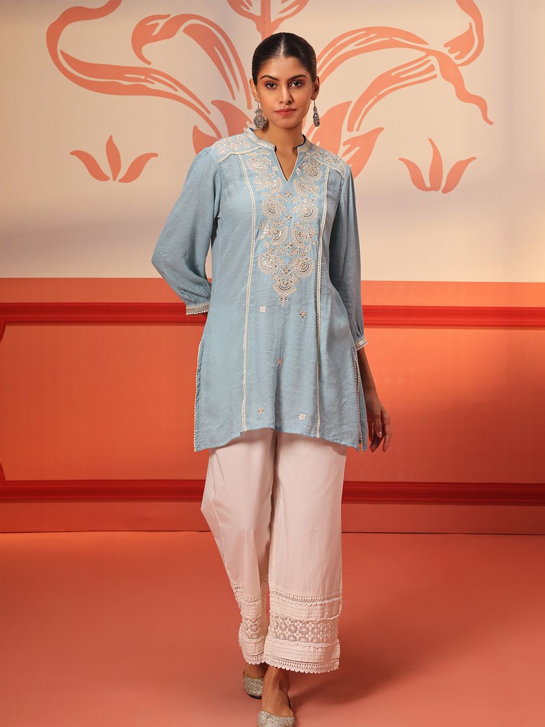 

Lakshita Floral Embroidered Mandarin Collar Tunic, Blue