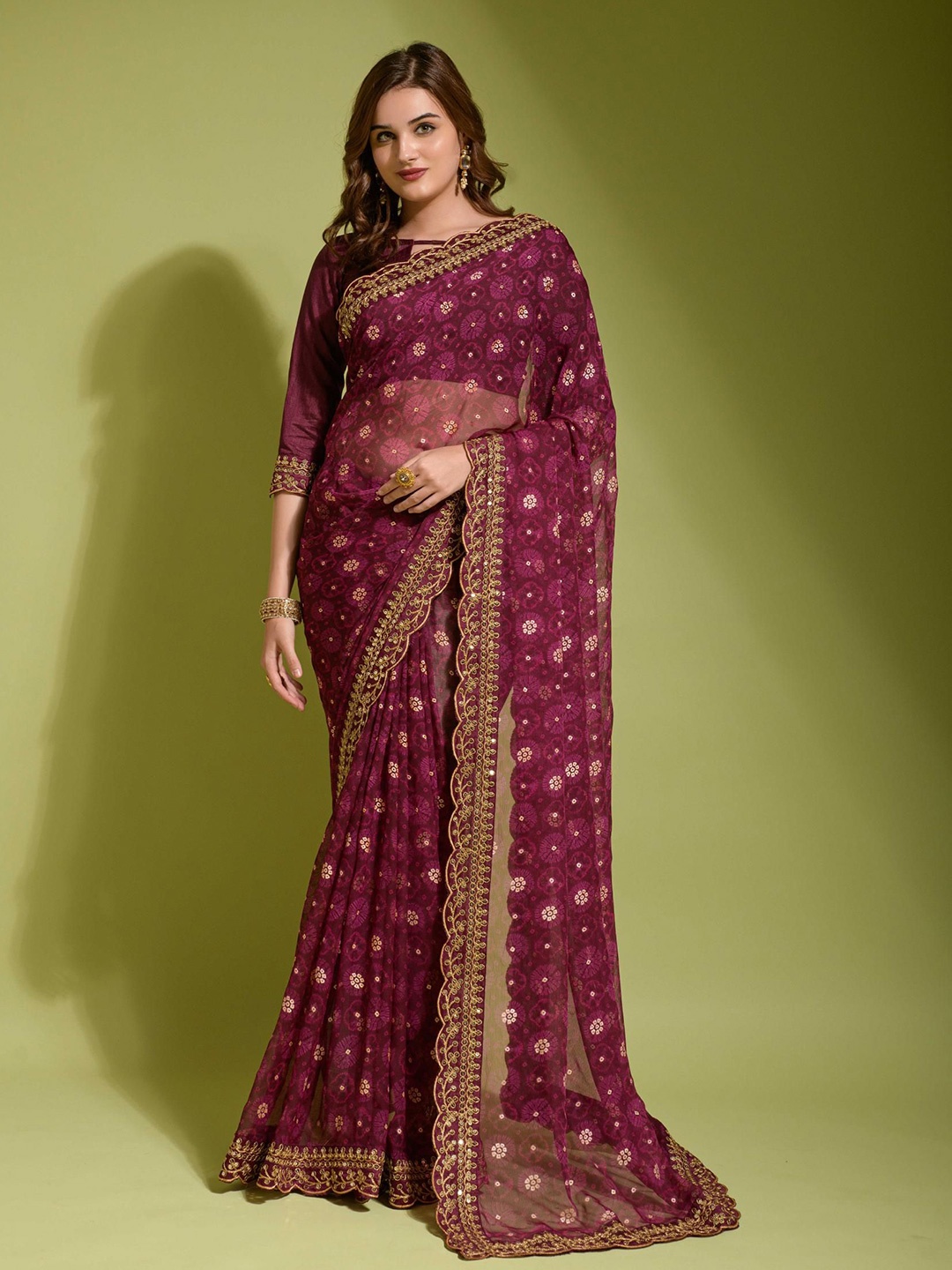 

THE52 Bandhani Sequinned Pure Georgette Saree, Burgundy