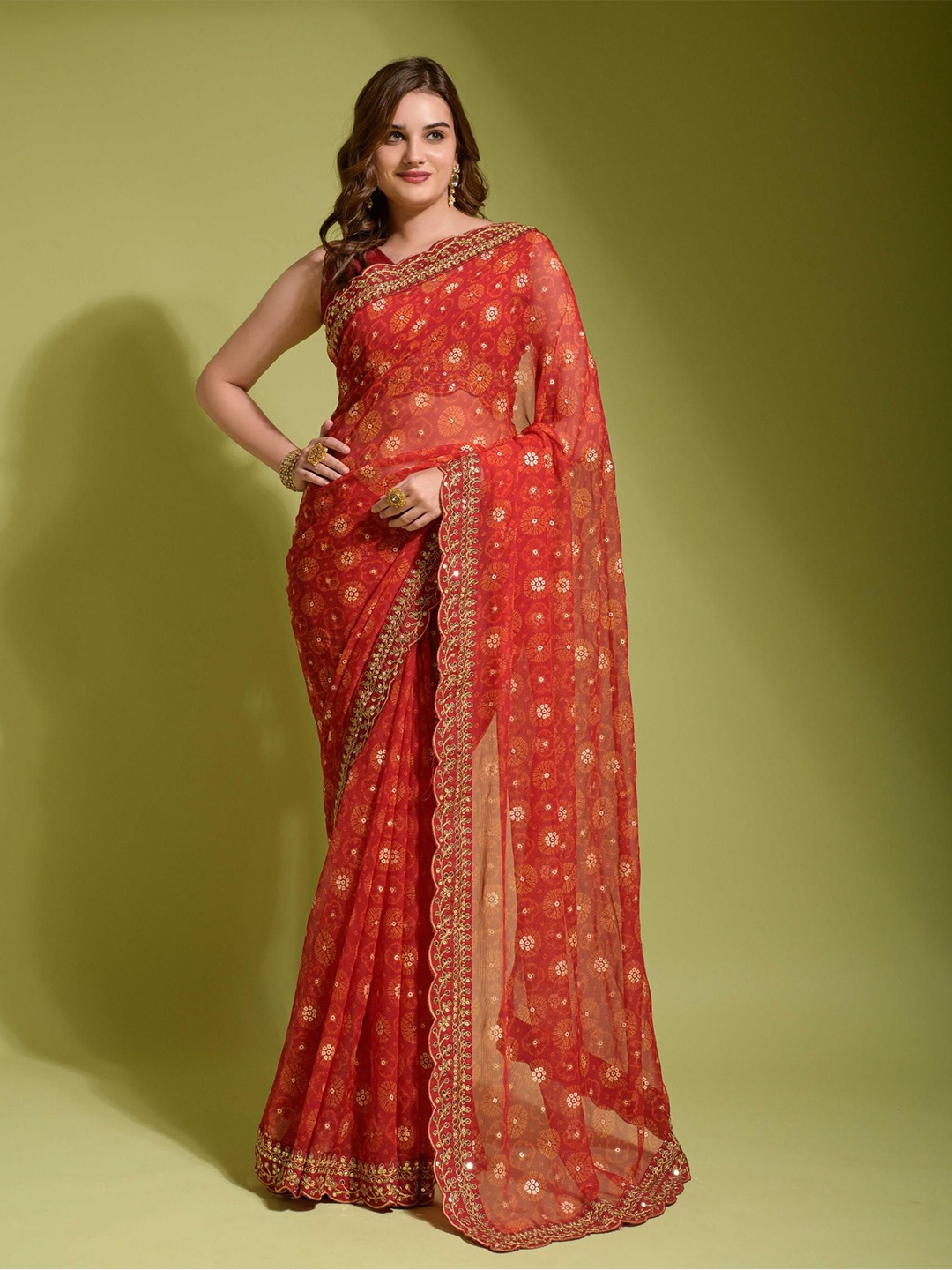 

THE52 Floral Sequinned Pure Georgette Saree, Red