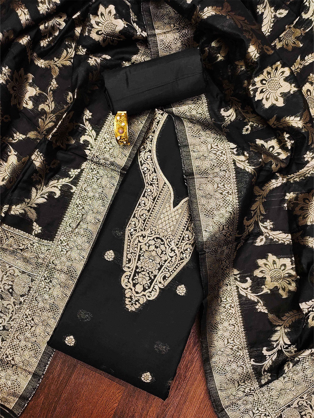 

Ishin Unstitched Floral Woven Design Zari Dress Material, Black