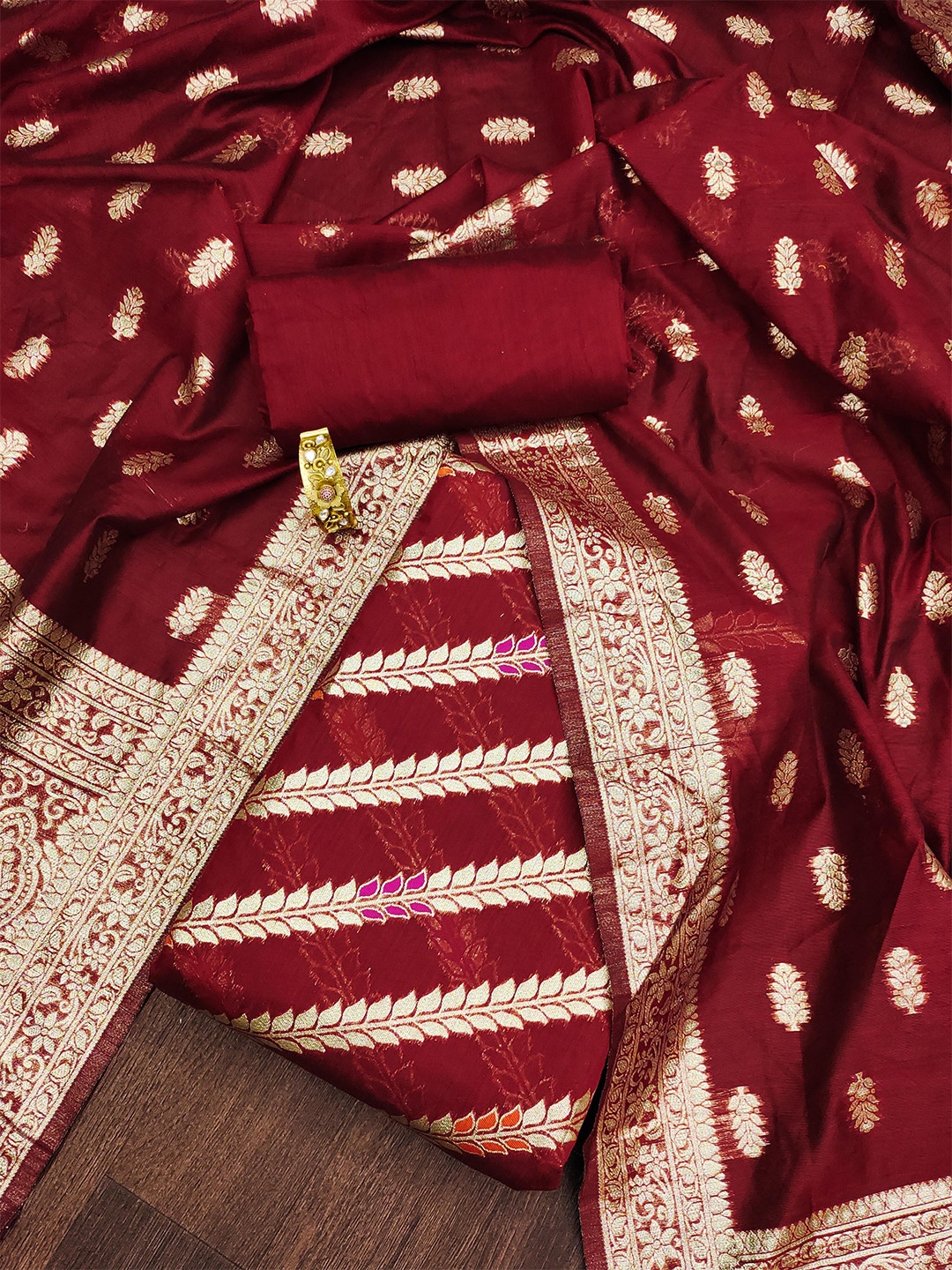 

Ishin Unstitched Ethnic Motifs Woven Design Dress Material, Red