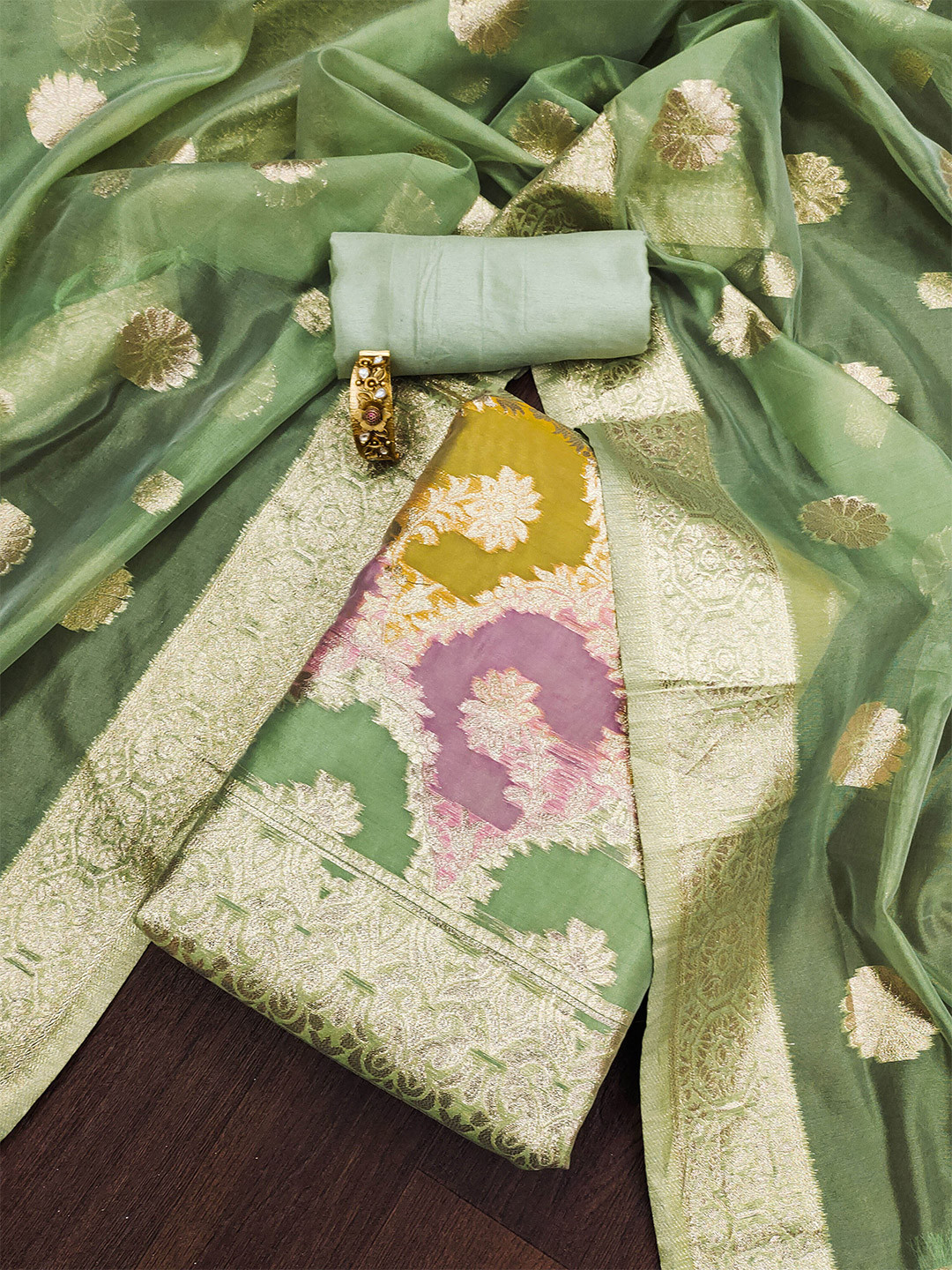 

Ishin Ethnic Motifs Woven Design Organza Unstitched Dress Material, Green