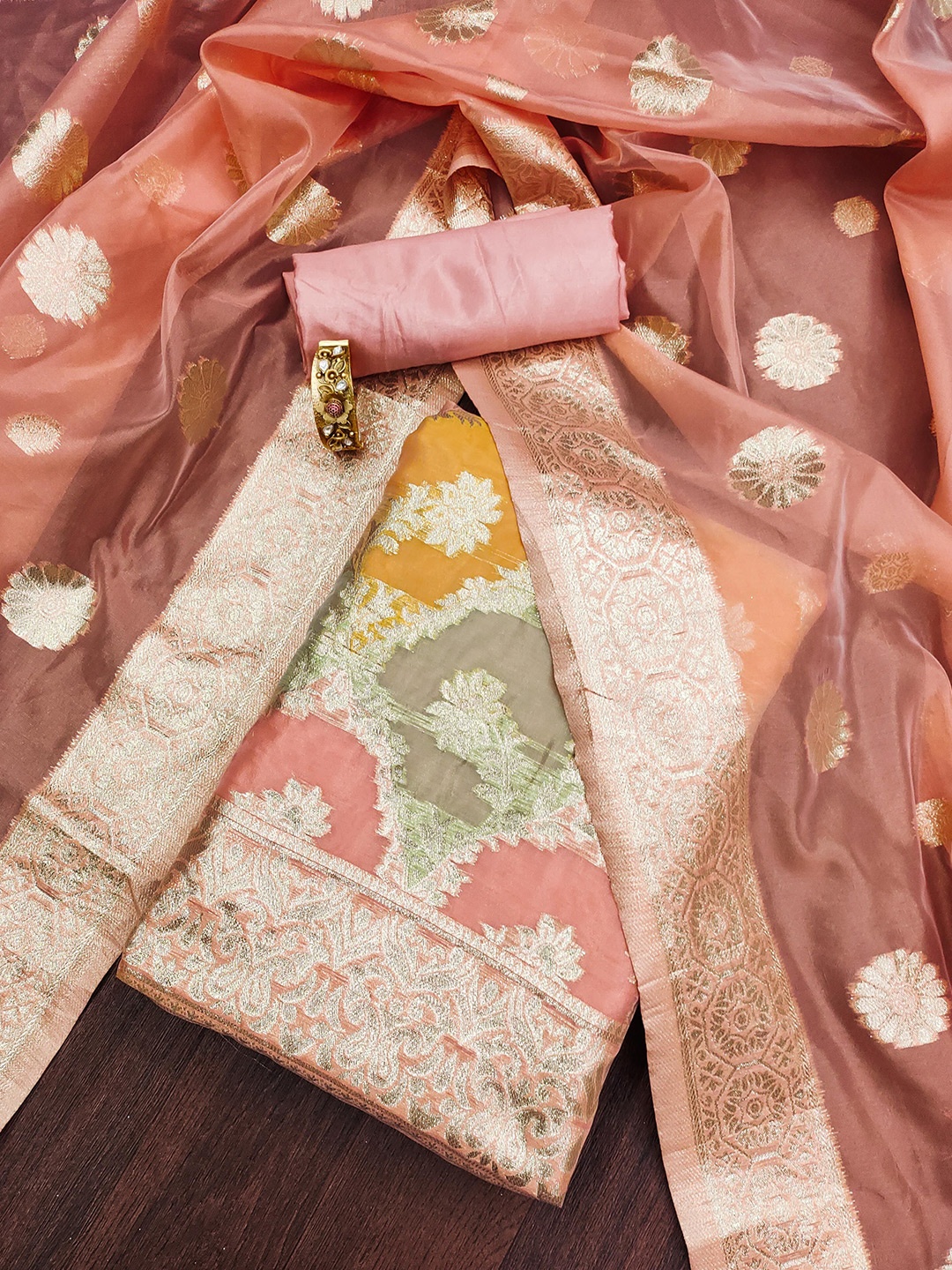 

Ishin Organza Unstitched Dress Material, Peach