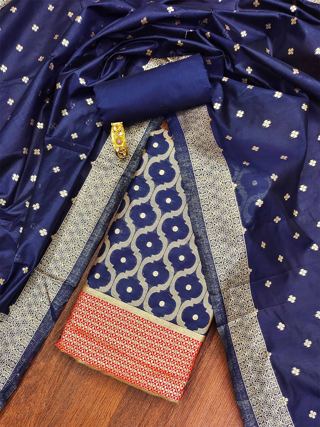 

Ishin Woven Design Unstitched Dress Material, Navy blue