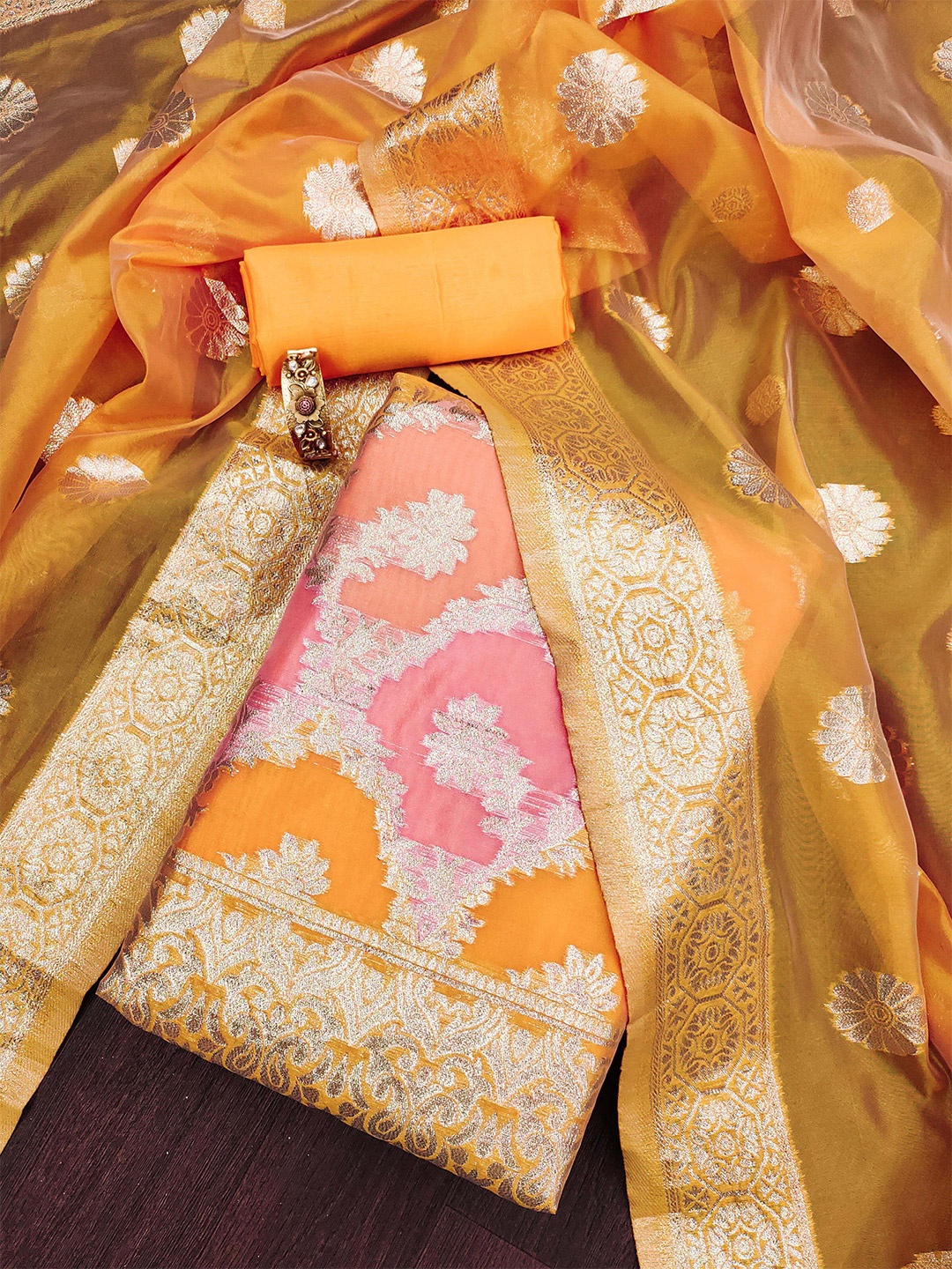 

Ishin Floral Woven Design Organza Unstitched Dress Material, Yellow