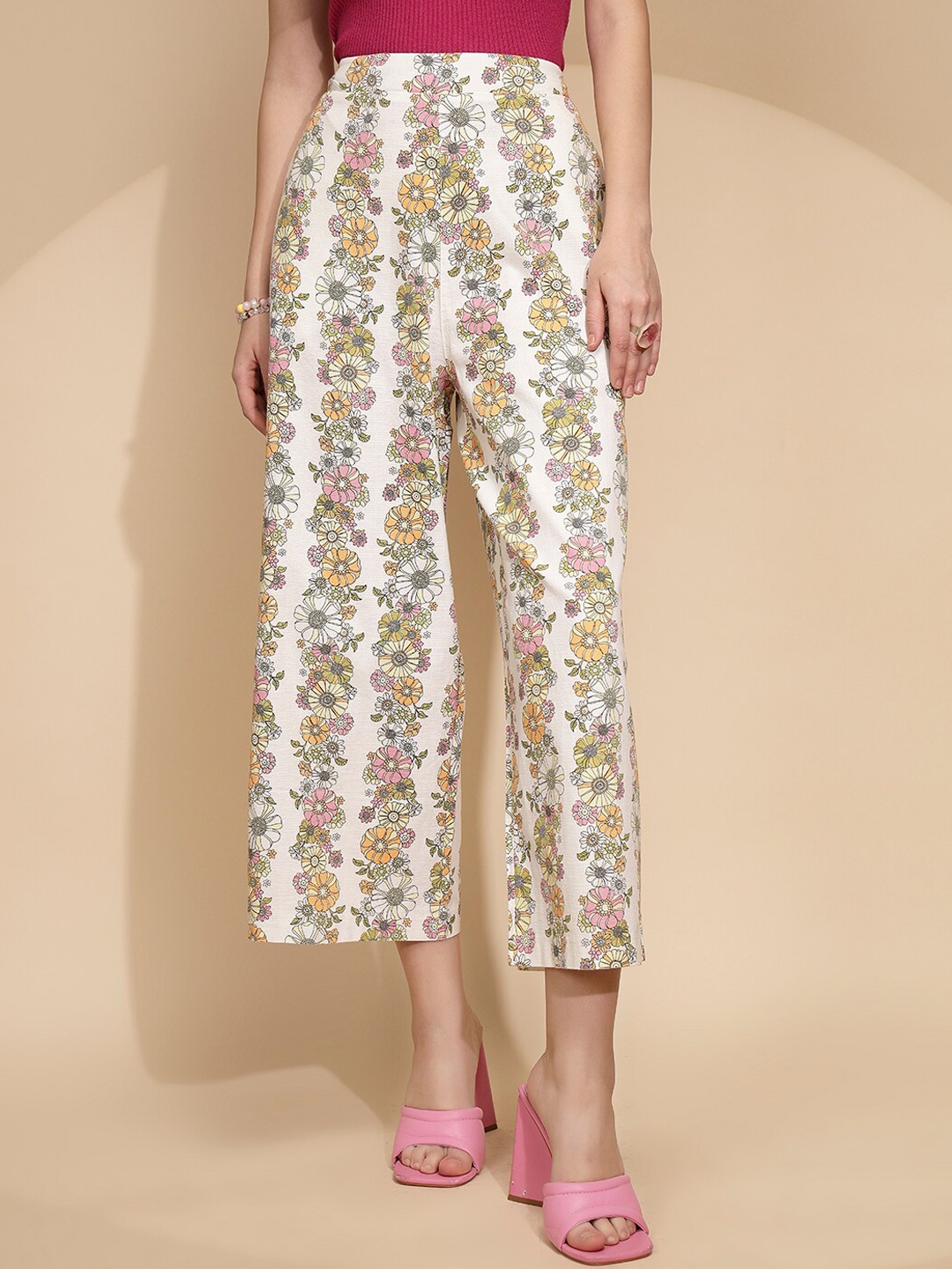 

Global Republic Floral Printed Mid-Rise Cotton Loose Fit Culotte Trouser, White