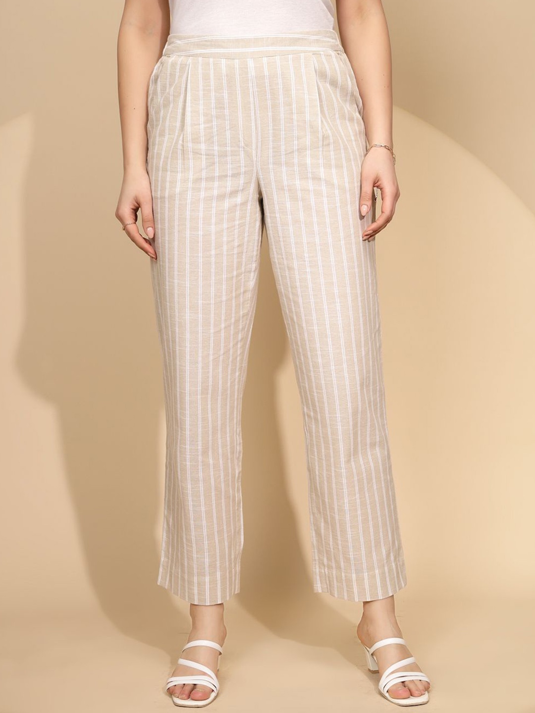 

Global Republic Striped Mid-Rise Linen Regular Trouser, Beige