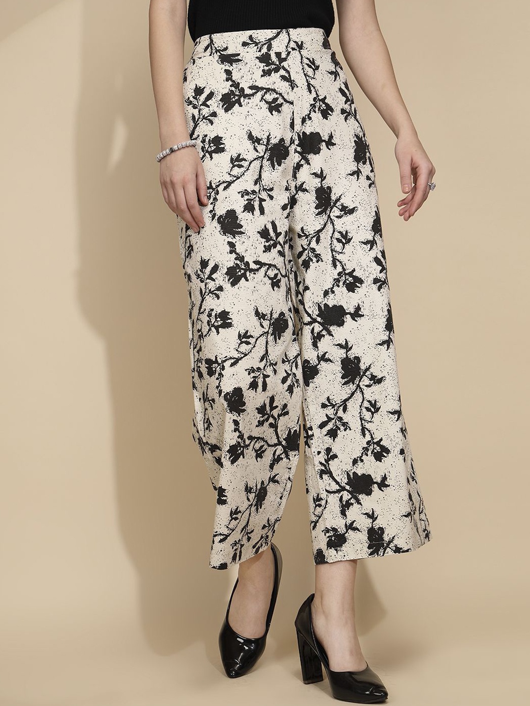

Global Republic Women Floral Printed Cotton Parallel Trousers, Beige