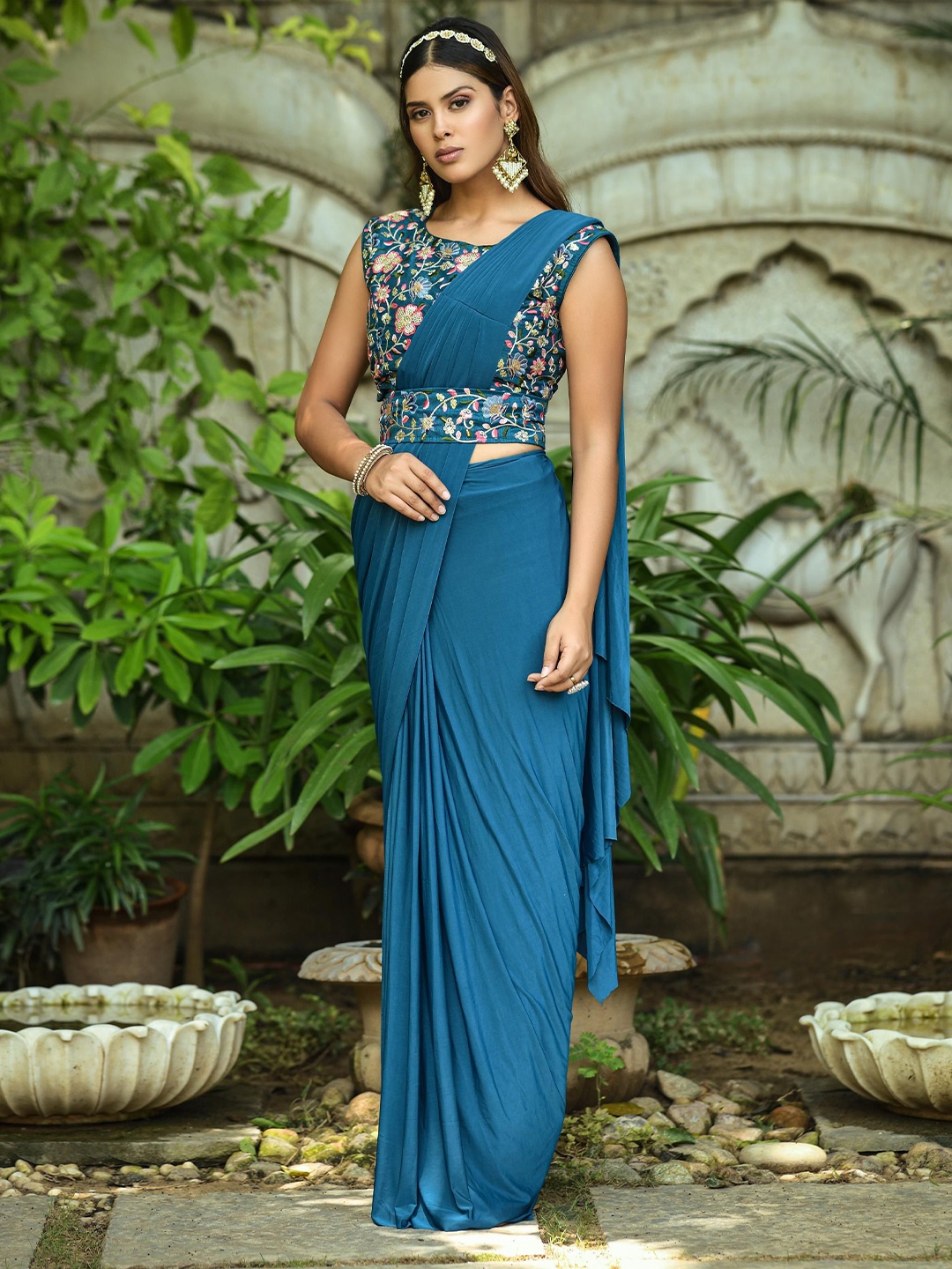 

THE52 Ready to Wear Saree With Embroidery Sequins Work Saree, Teal