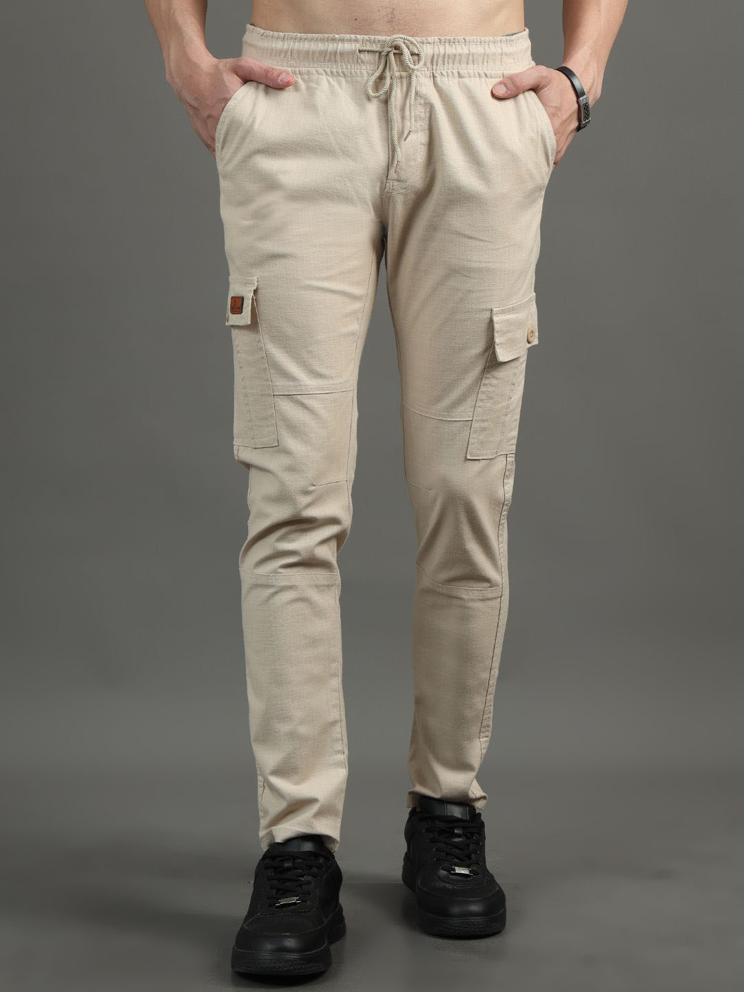

PAUL STREET Men Smart Slim Fit Mid-Rise Cargos Trousers, Beige