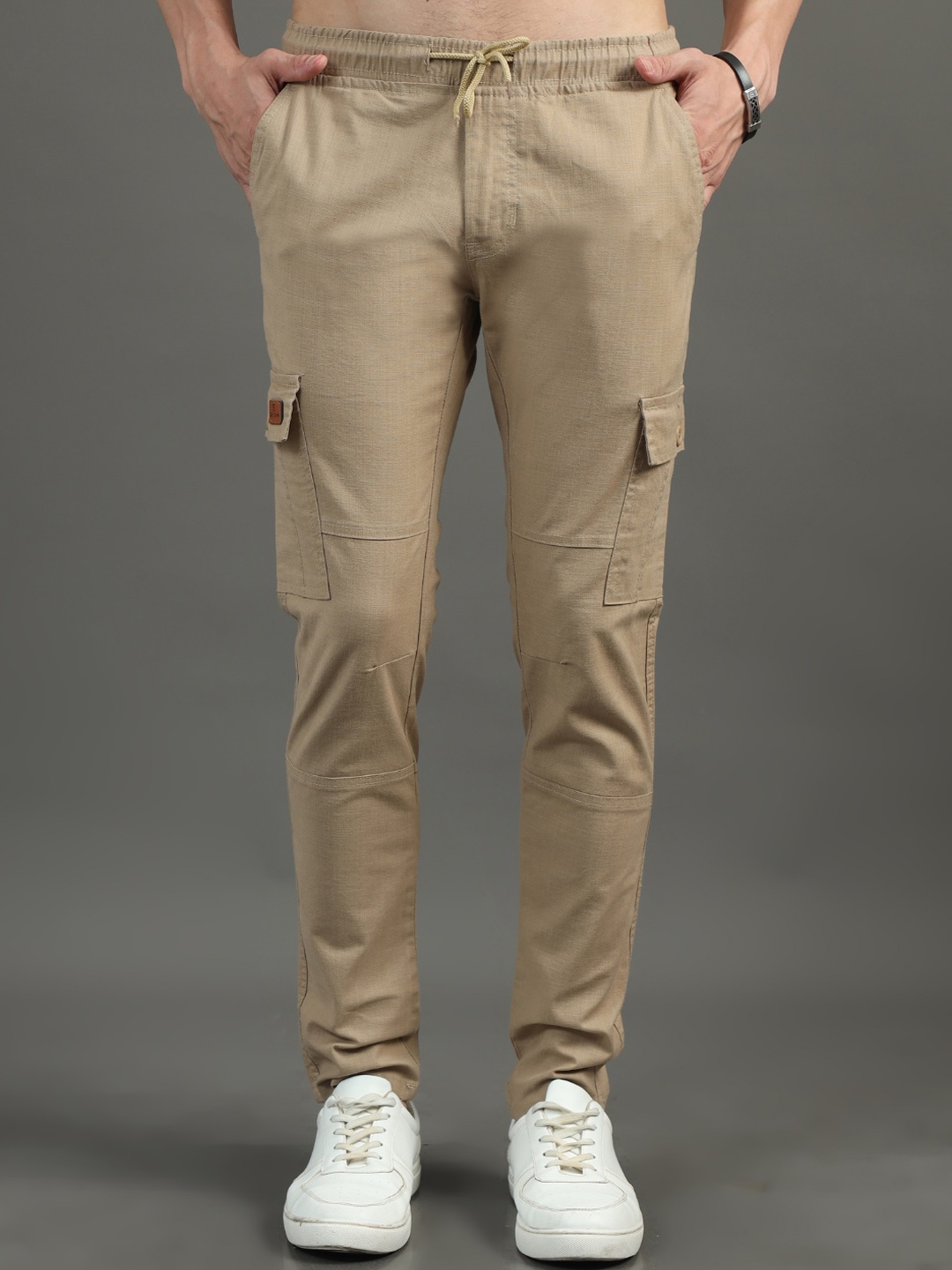 

PAUL STREET Men Smart Slim Fit Mid-Rise Cargos Trousers, Cream