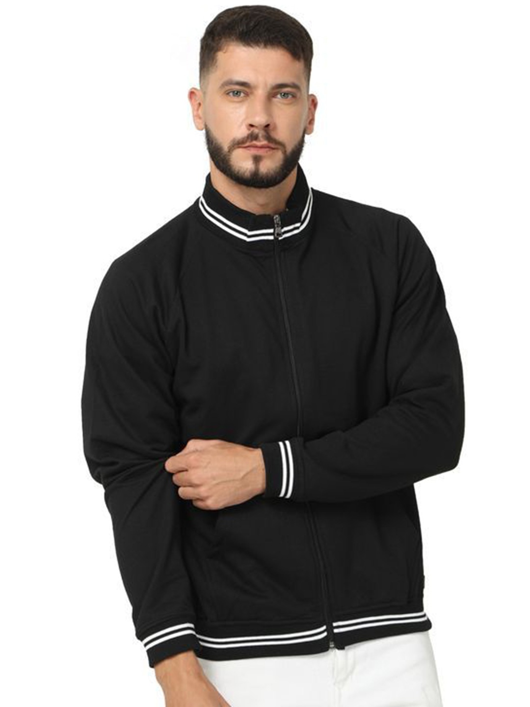 

Plutus High Neck Front-Open Sweatshirt, Black