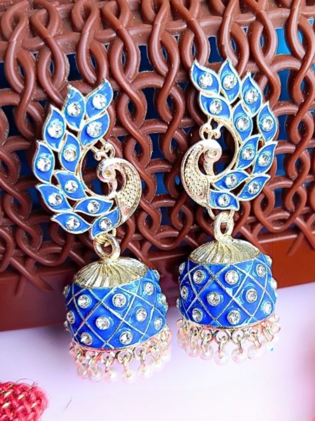 

Anouk Gold-Plated Stones Studded Peacock Shaped Meenakari Jhumkas