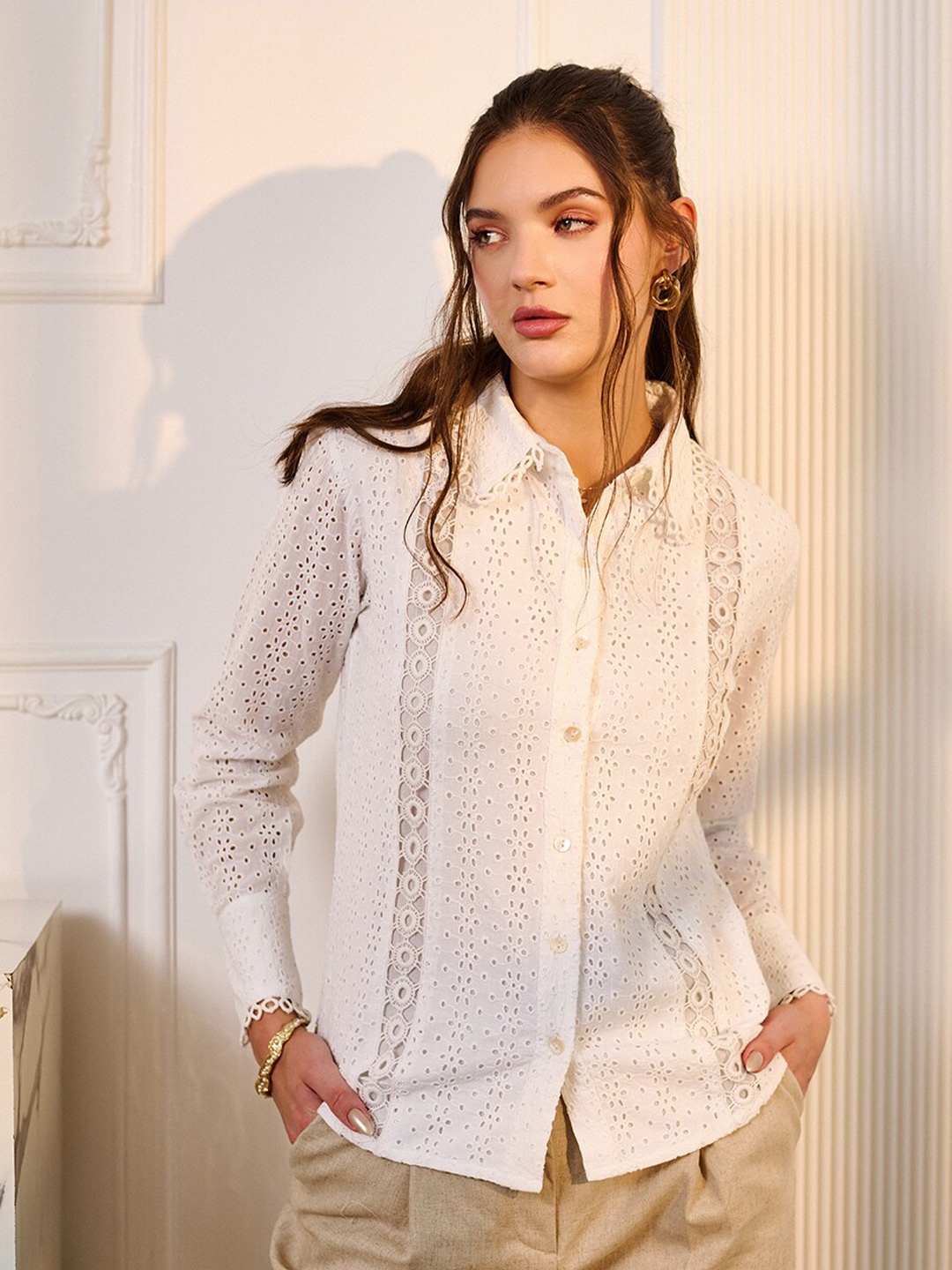 

DELAN Cotton Schiffli Cuffed Sleeves Pure Cotton Shirt Style Top, White