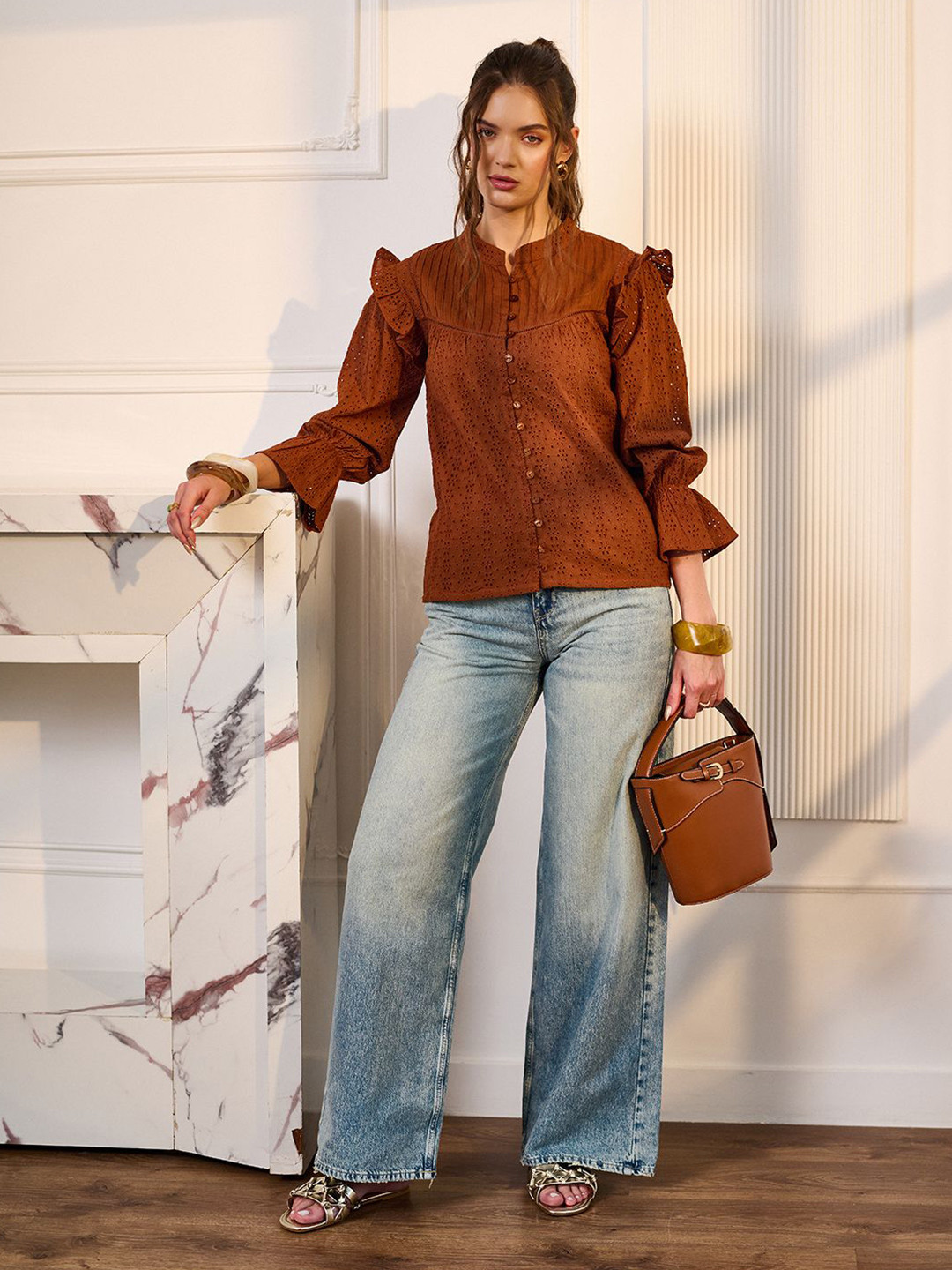 

DELAN Women Lace Inserts Self Design Cotton Schiffli Top, Brown