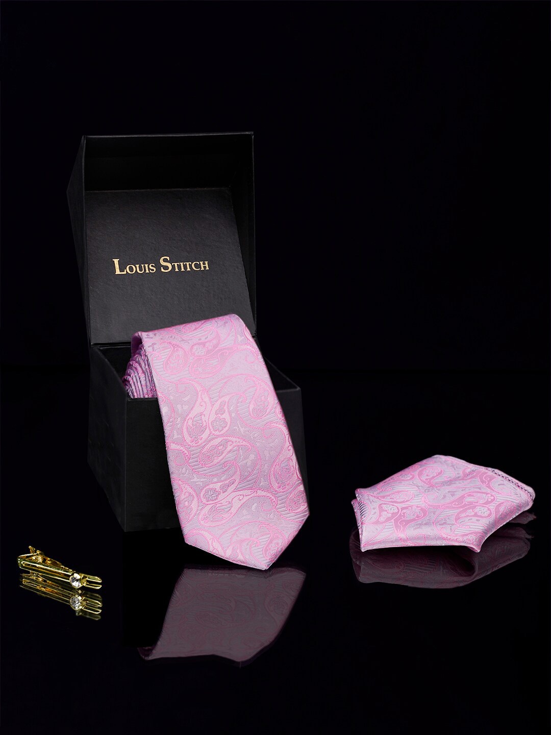 

LOUIS STITCH Men Italian Silk Necktie Accessory Gift Set, Pink