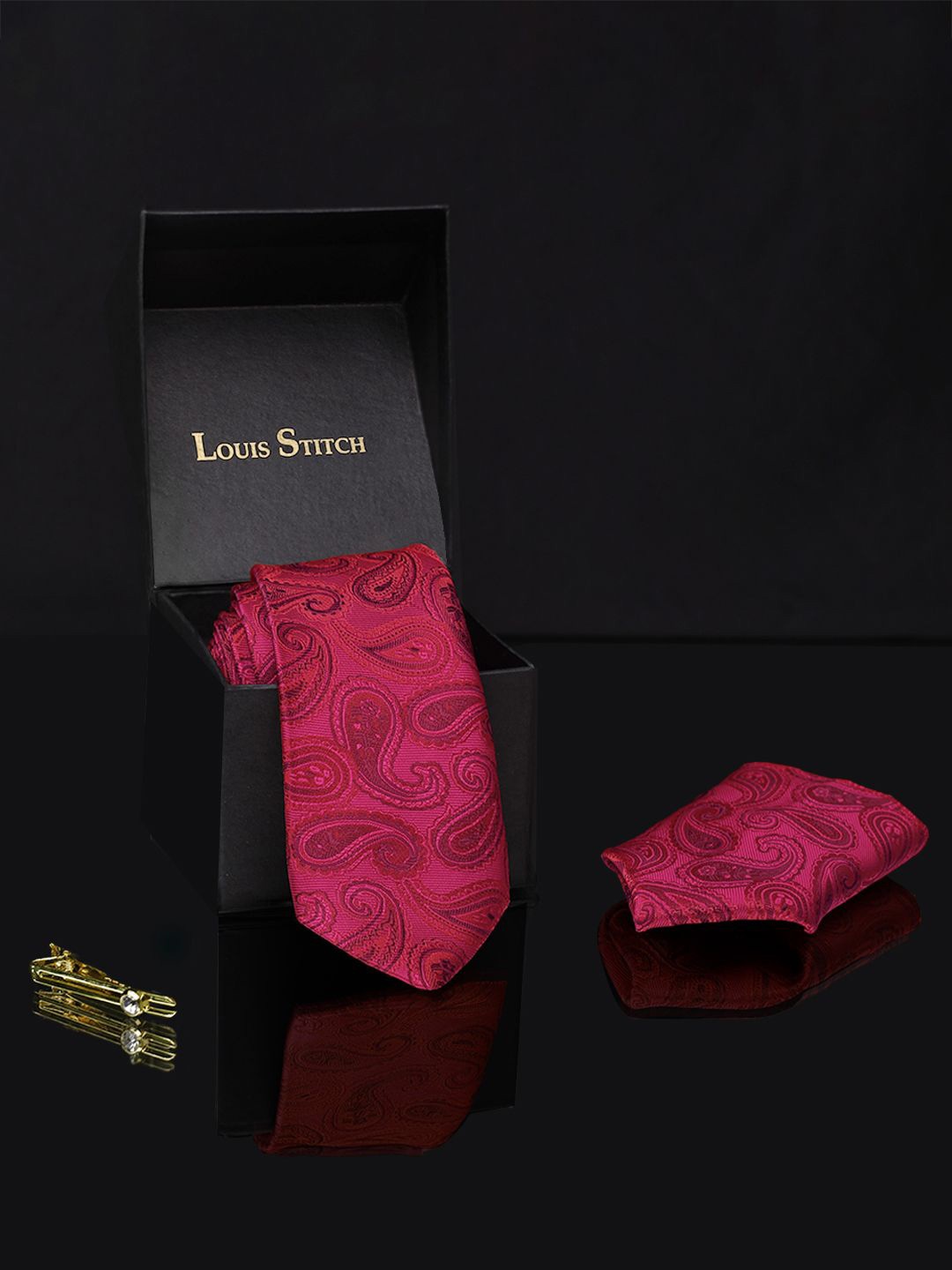 

LOUIS STITCH Men Italian Silk Necktie Accessory Gift Set, Red