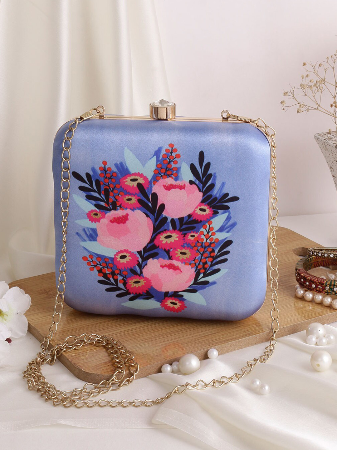 

Anouk Blue Printed Box Clutch
