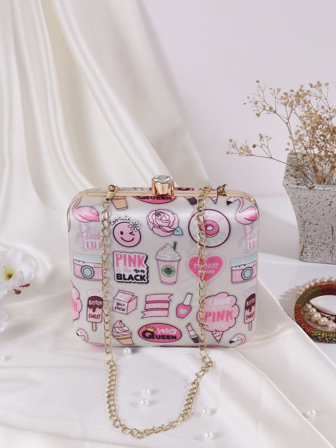 

Anouk Pink Printed Box Clutch, Cream