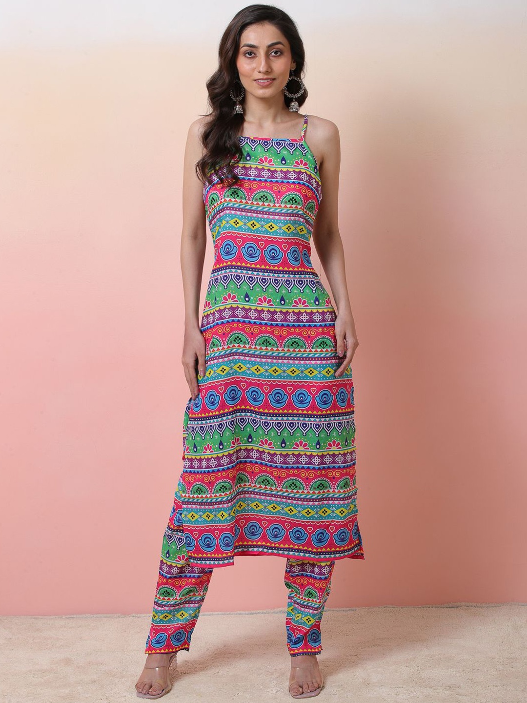 

Sangria Tribal Printed Cotton Sleeveless Kurta With Trouser, Pink