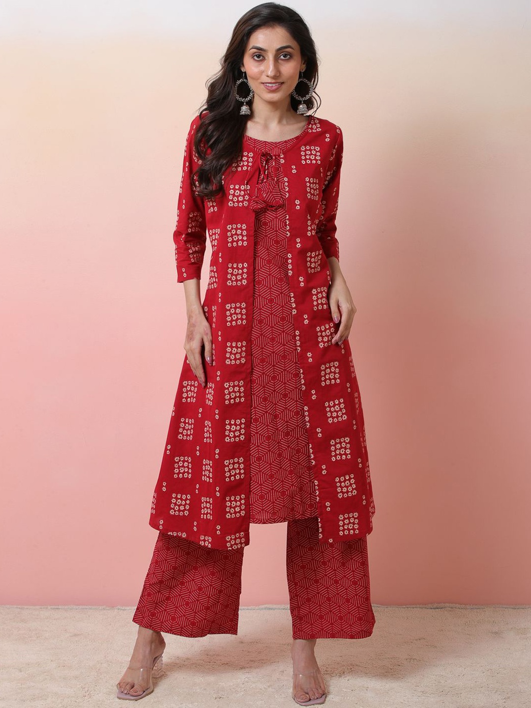 

Sangria Floral Printed Pure Cotton A-Line Kurta With Trousers, Red