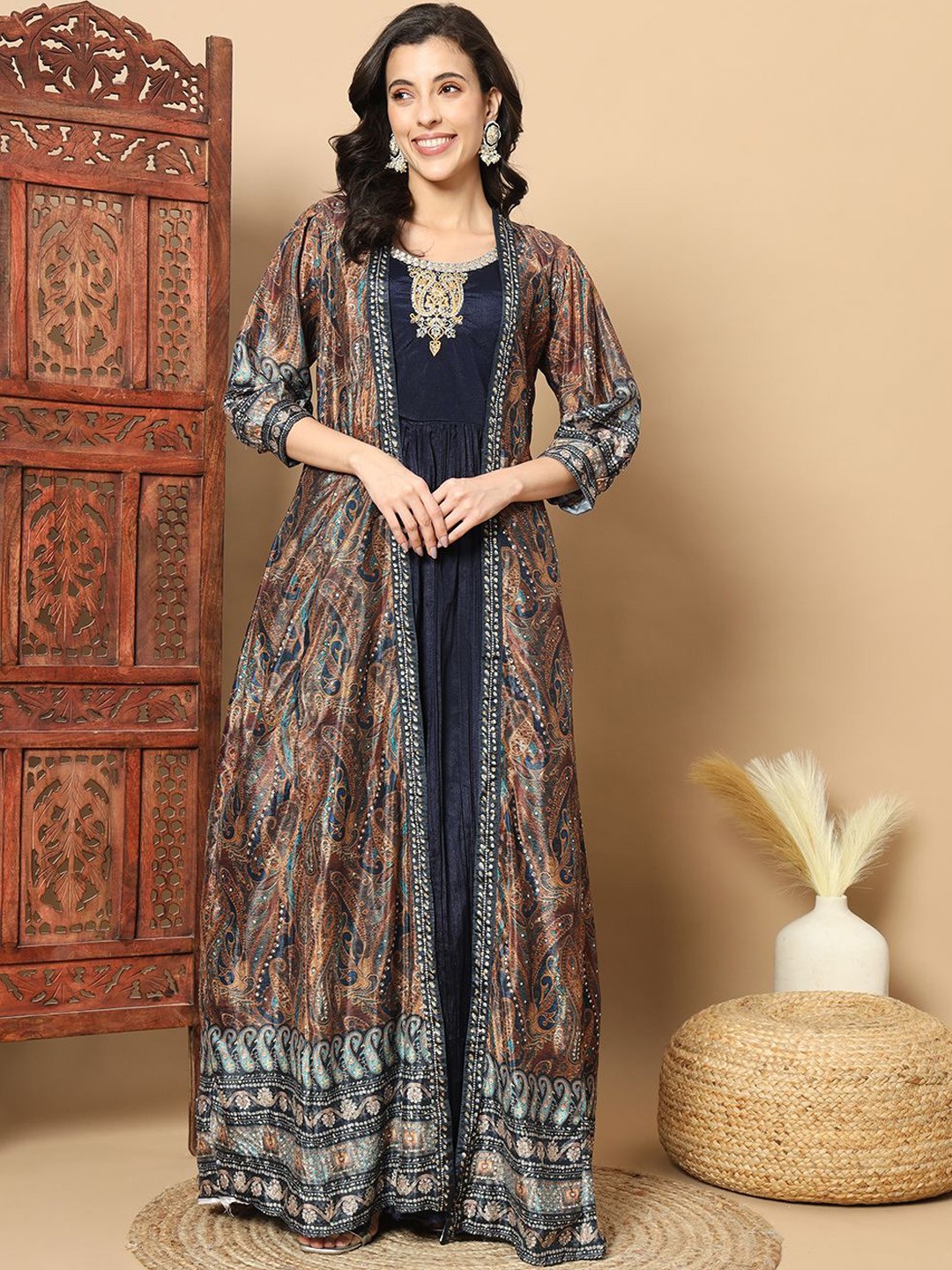 

Chhabra 555 Ethnic Motifs Printed Embroidered Gown Maxi Ethnic Dresses With Jacket, Navy blue