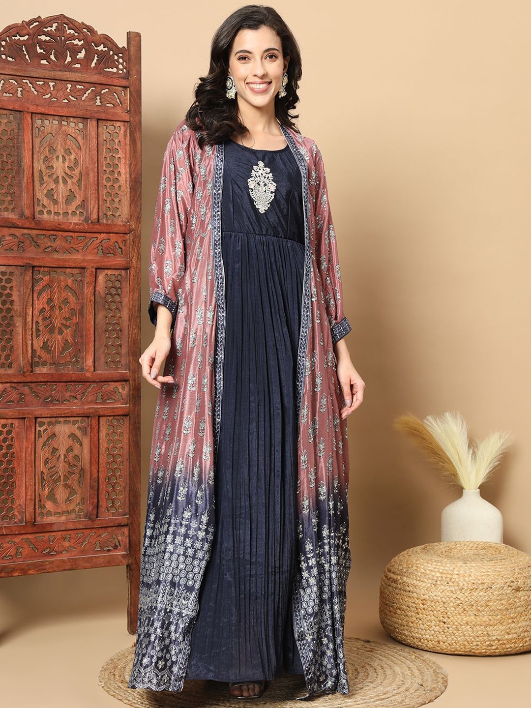 

Chhabra 555 Printed Gown Maxi Ethnic Dresses With Jacket, Navy blue