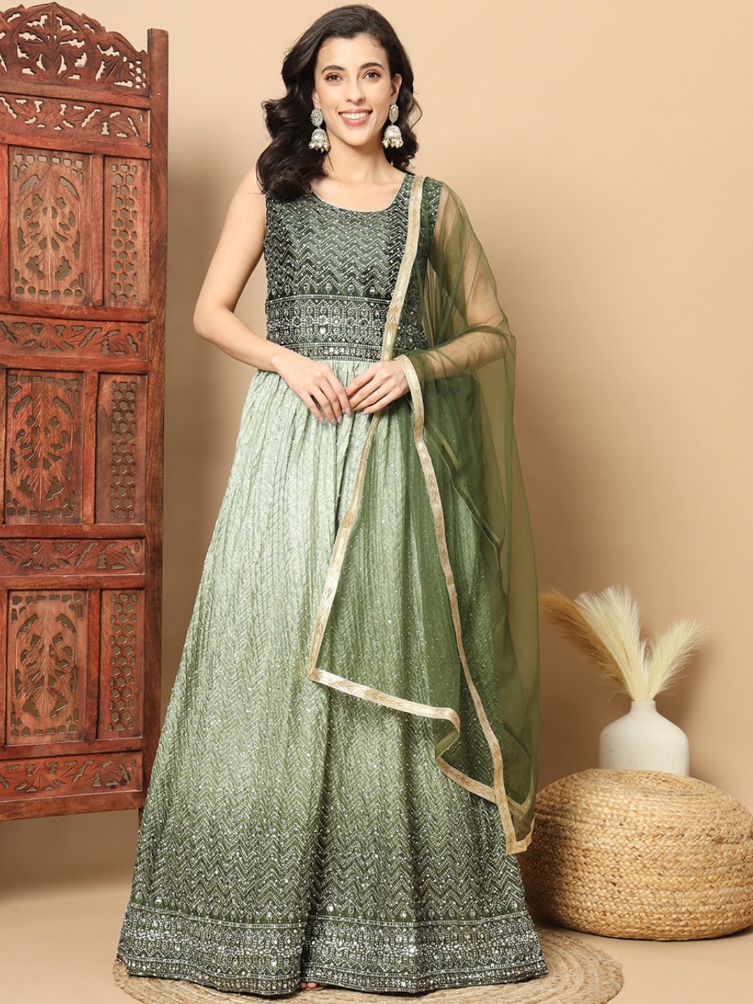 

Chhabra 555 Embellished Gown Maxi Ethnic Dresses With Dupatta, Green