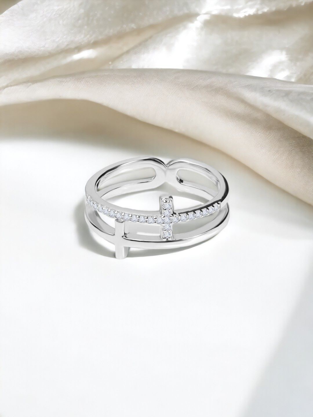 

Nistra Rhodium-Plated Cubic Zirconia-Studded Sterling Silver Finger Ring