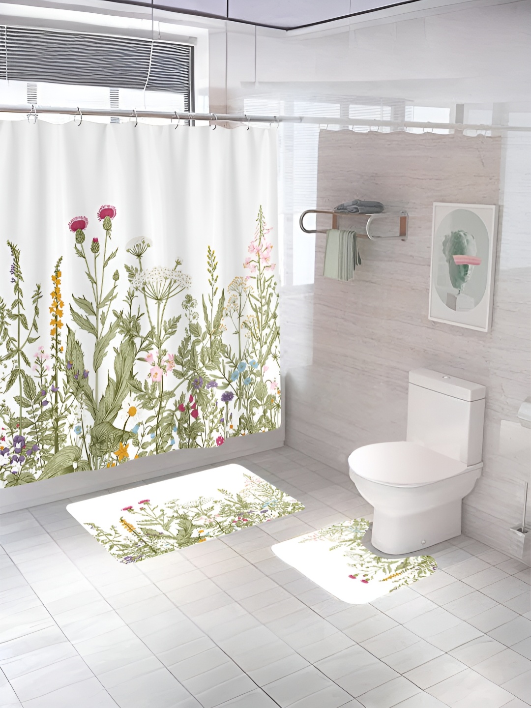 

UMAI White & Green 3 Pieces Floral Printed Shower Curtain & Mats