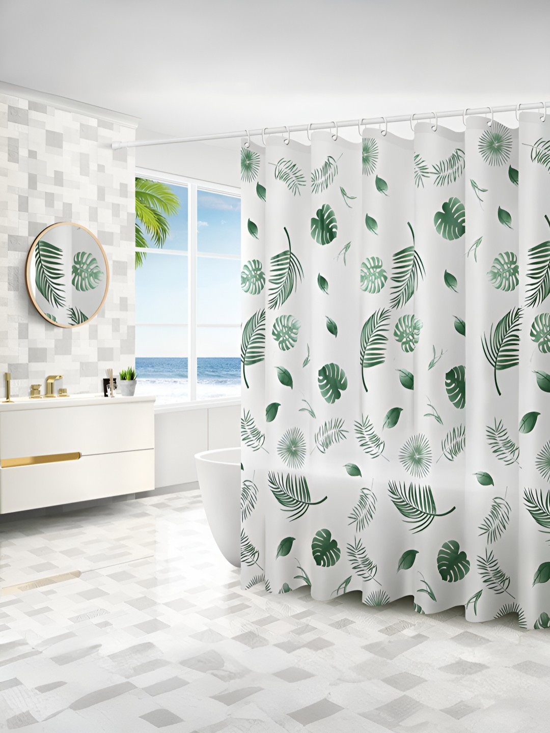 

UMAI White & Green Floral Printed Shower Curtains With Hooks