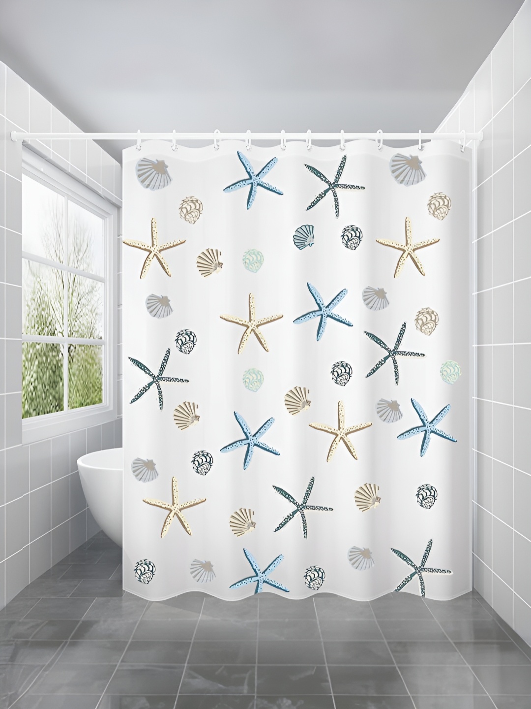 

UMAI White & Blue Printed Shower Curtain