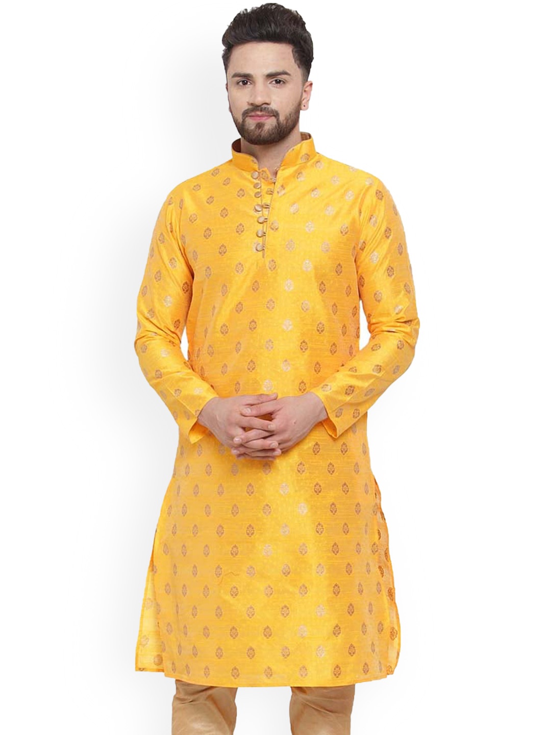 

Sydney Heights Men Ethnic Motifs Jacquard Jari Work Kurta, Yellow