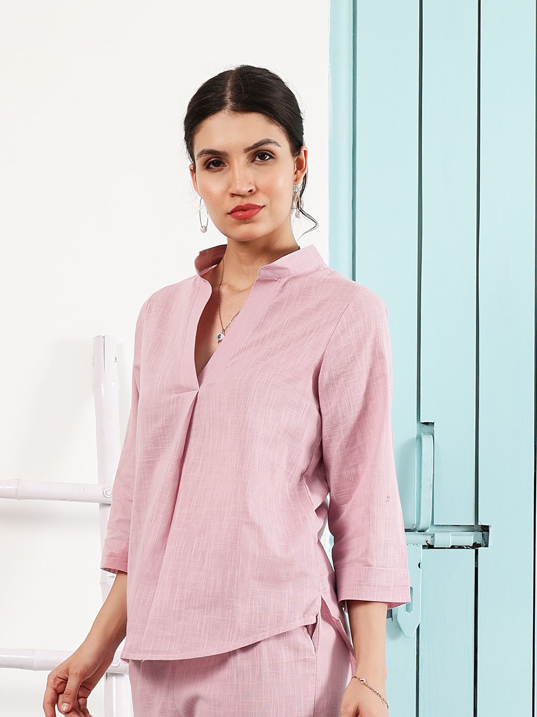

Athena Immutable Mandarin Collar Asymmetrical Cotton Shirt Style Top, Pink