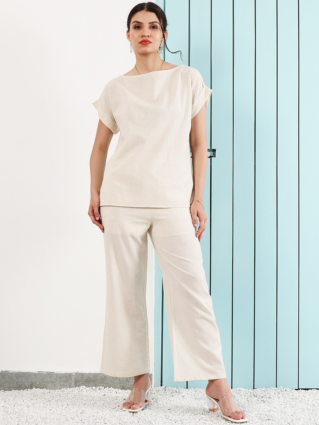 

ATHENA IMMUTABLE Boat Neck Extended Sleeves Pure Cotton Top & Trouser Co-Ords, White