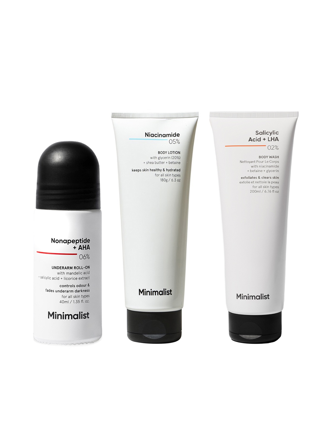 

Minimalist Niacinamide Body Lotion 180g + SA Body Wash 200ml + Underarm Roll On 40ml, White