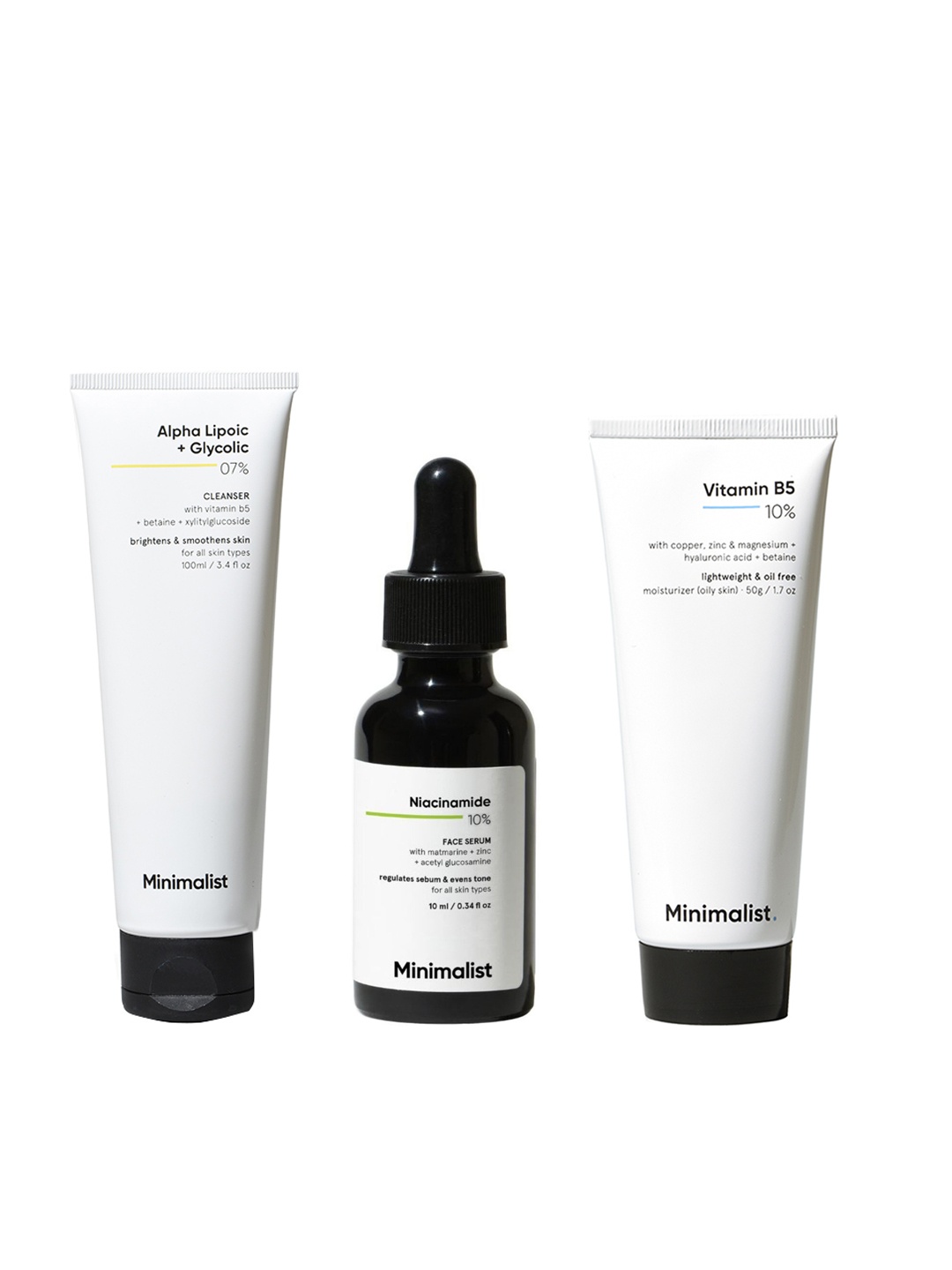 

Minimalist Niacinamide Face Serum 10ml + Face Wash 100ml + Vitamin B5 Moisturizer 50g, White