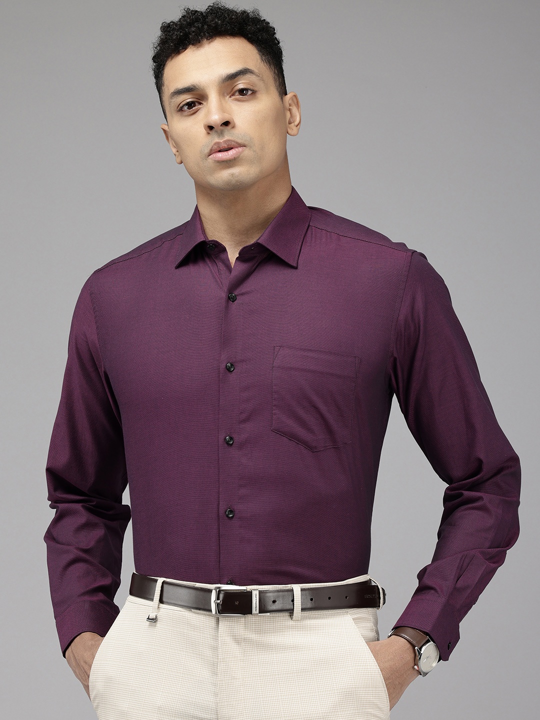 

Van Heusen Custom Fit Textured Self Design Pure Cotton Formal Shirt, Purple