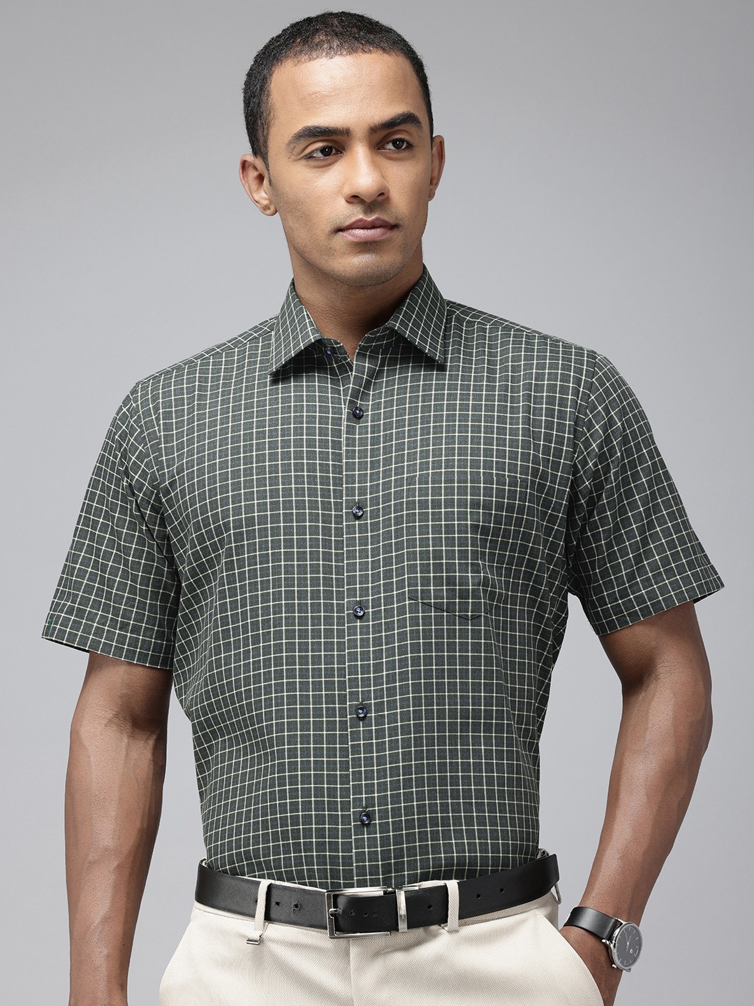 Van Heusen Pure Cotton Custom Tartan Checked Formal Shirt, Olive