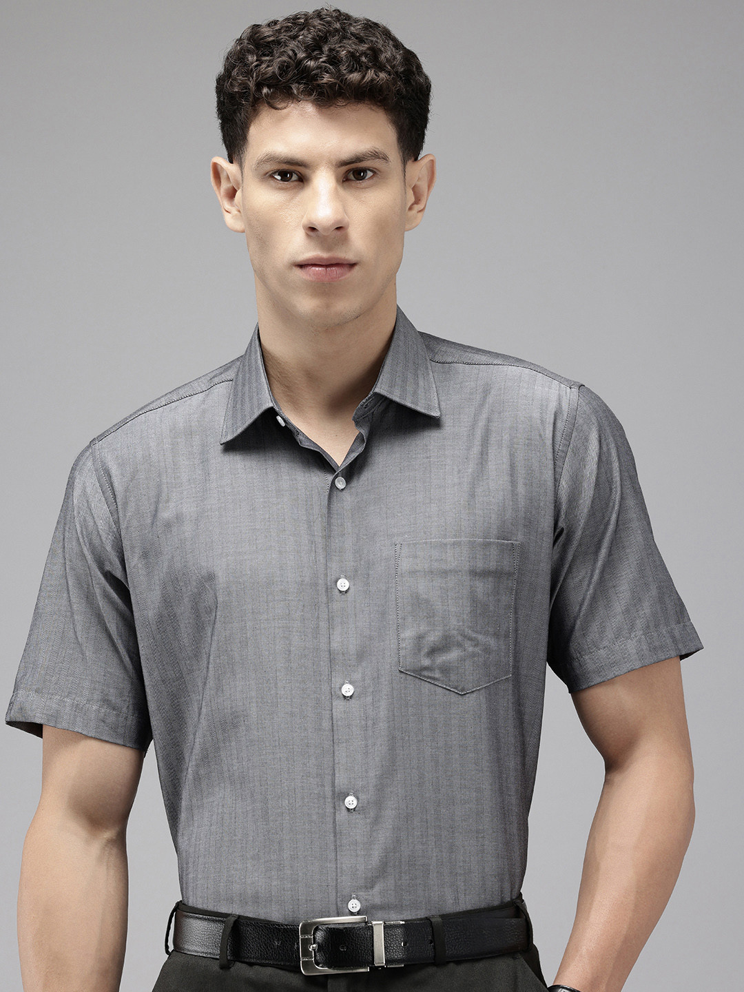 

Van Heusen Pure Cotton Custom Fit Self Striped Opaque Formal Shirt, Grey