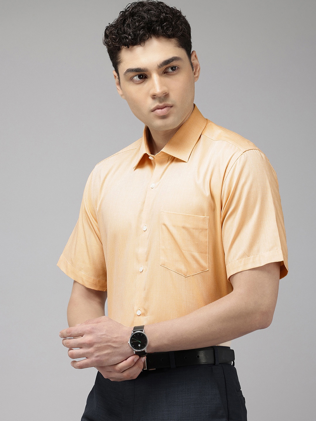 

Van Heusen Custom Fit Textured Self Design Pure Cotton Formal Shirt, Peach