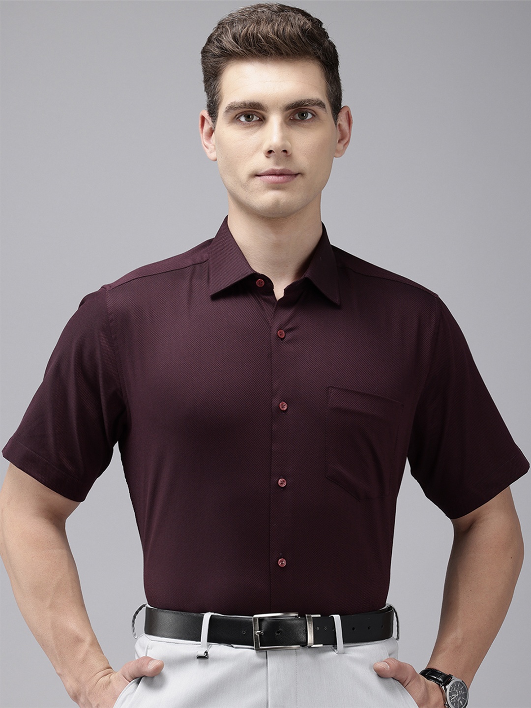 

Van Heusen Self Design Textured Custom Fit Opaque Formal Shirt, Burgundy