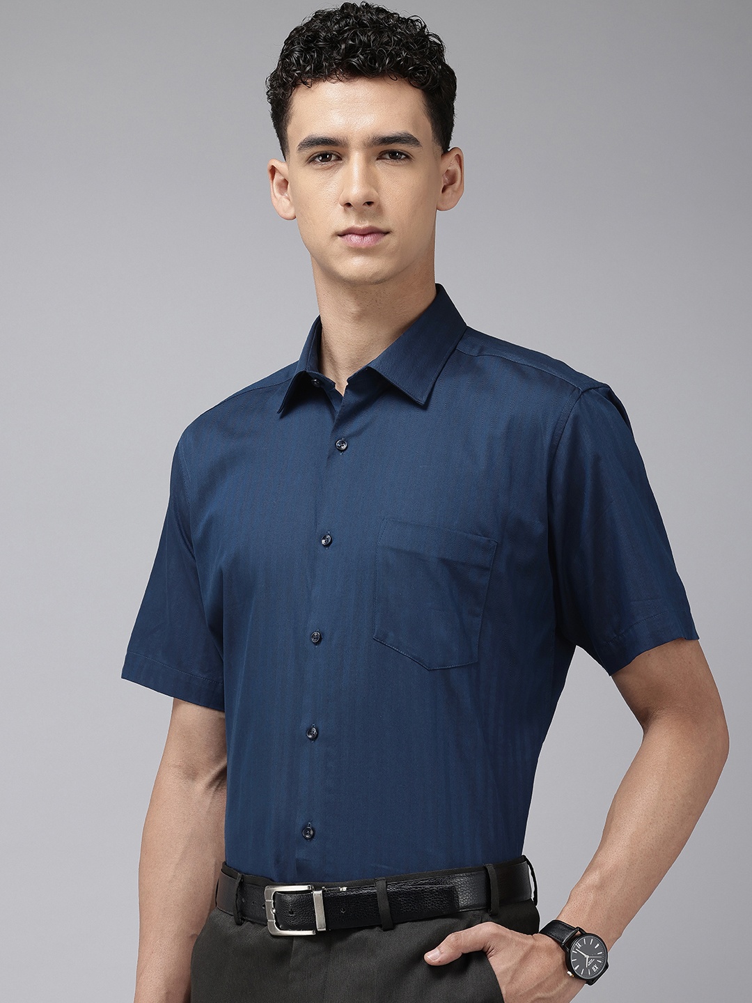 Van Heusen Pure Cotton Custom Fit Self Striped Opaque Formal Shirt, Navy blue