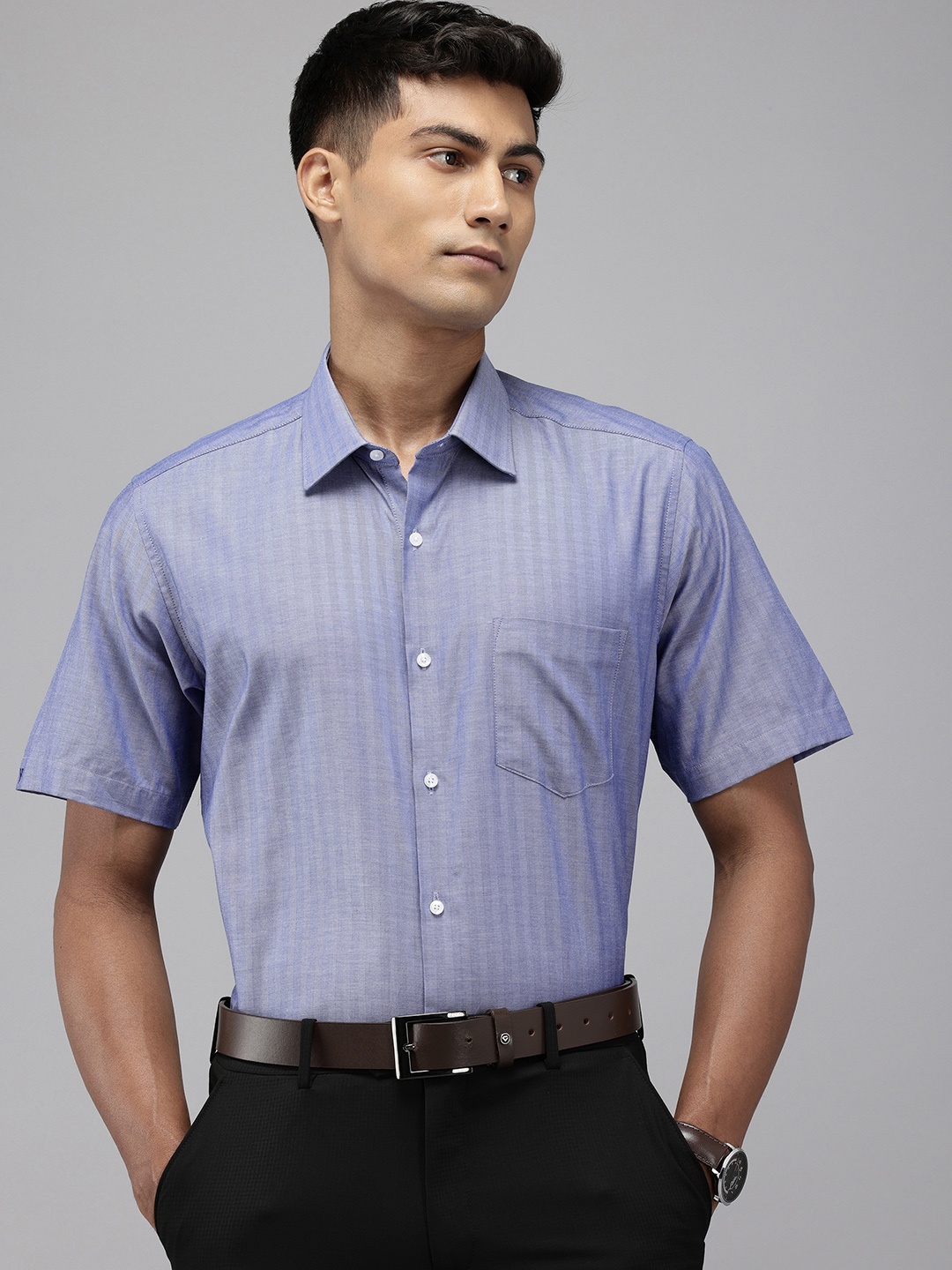 

Van Heusen Pure Cotton Custom Fit Self Striped Opaque Formal Shirt, Blue