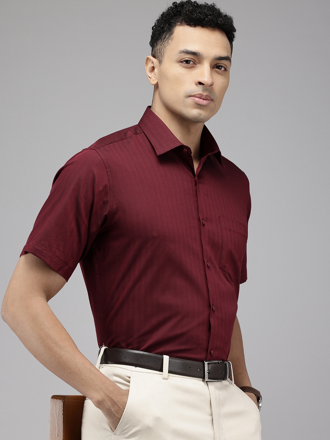 

Van Heusen Pure Cotton Self Design Vertical Striped Custom Opaque Formal Shirt, Maroon