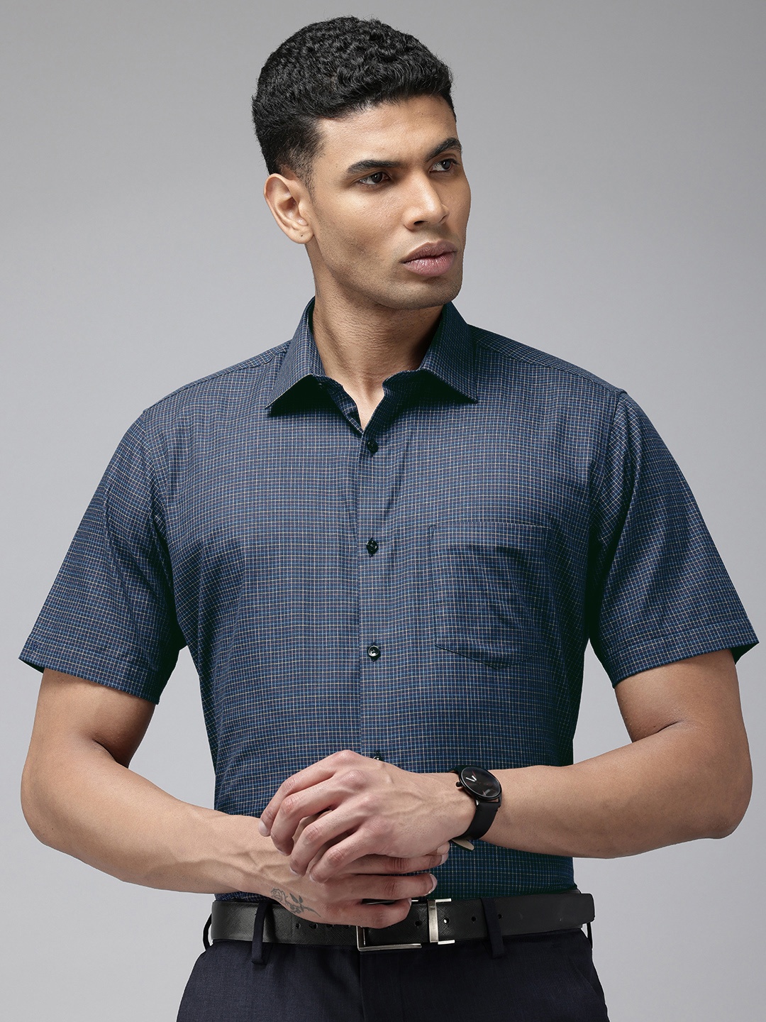 

Van Heusen Pure Cotton Custom Grid Tattersall Checked Formal Shirt, Navy blue